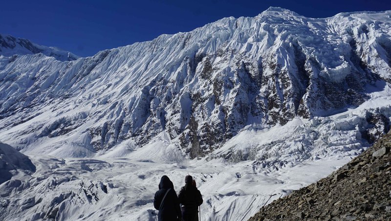 Panoramic mountain view of Annapurna range peaks from Annapurna Circuit trekking trail Nepal Himalayas